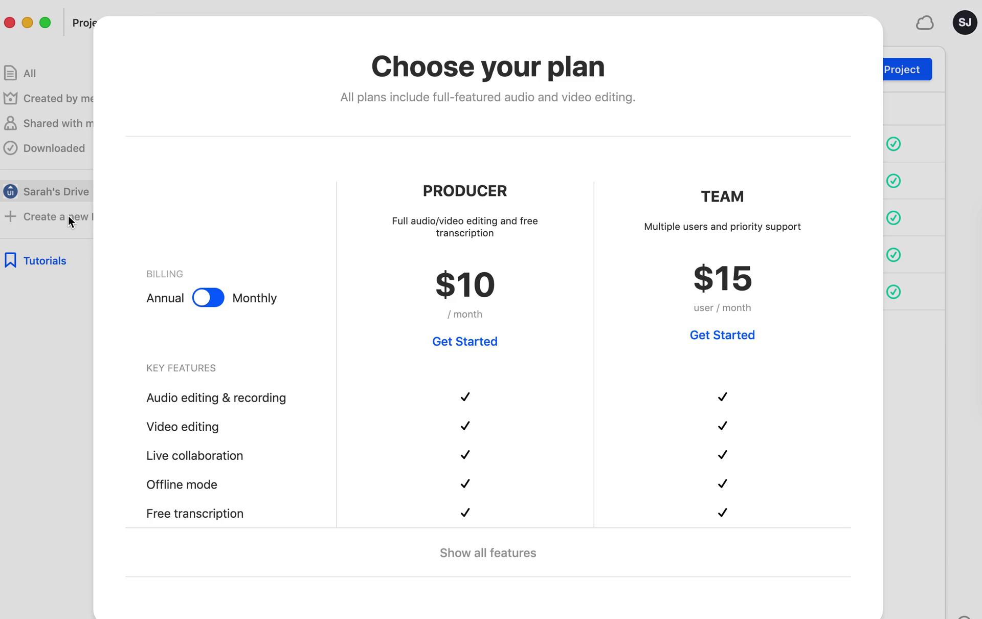 Screenshot of Pricing & plans on General browsing on Descript user flow