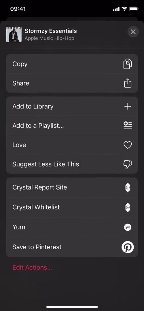 Screenshot of Action menu on General browsing on Apple Music user flow