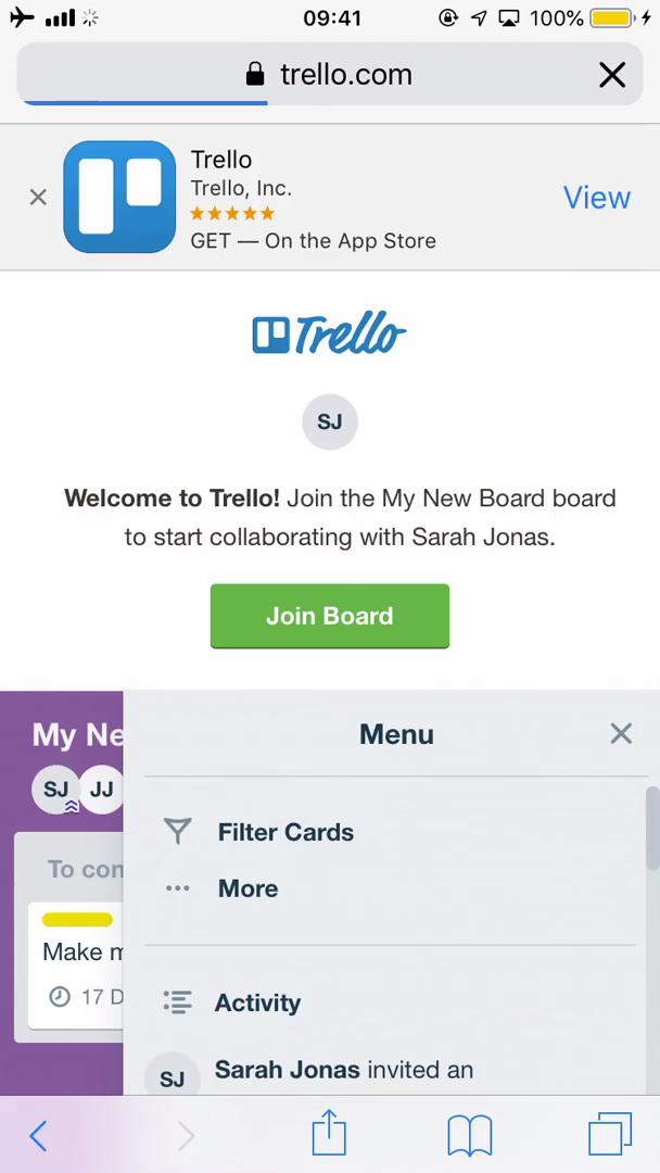 Screenshot of Invitation on Accepting an invite on Trello user flow