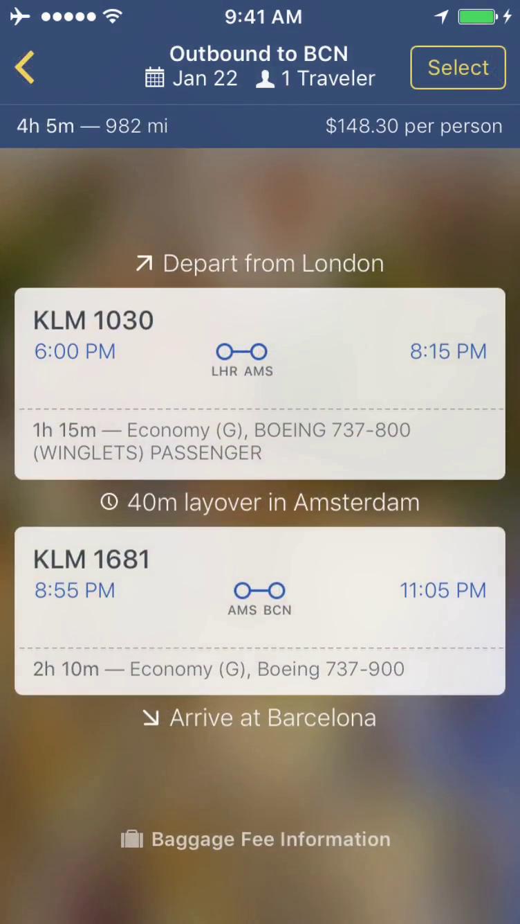 Finding flights screenshot