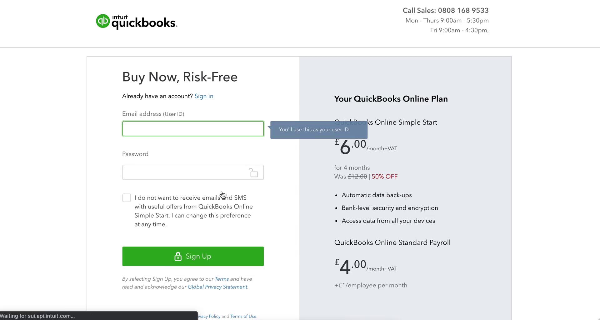 QuickBooks sign up screenshot