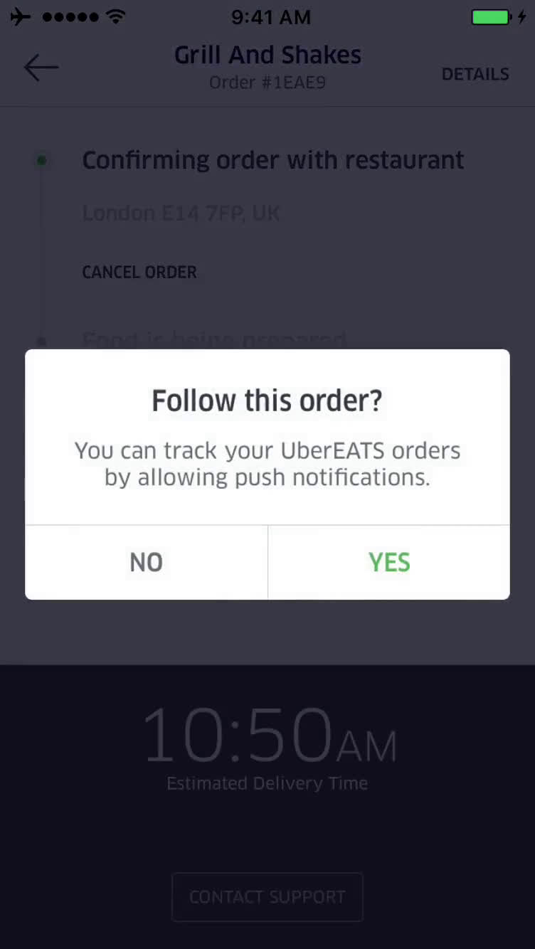 Cancelling an order screenshot