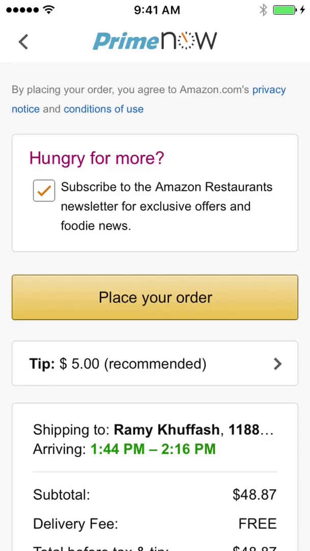 Ordering food screenshot