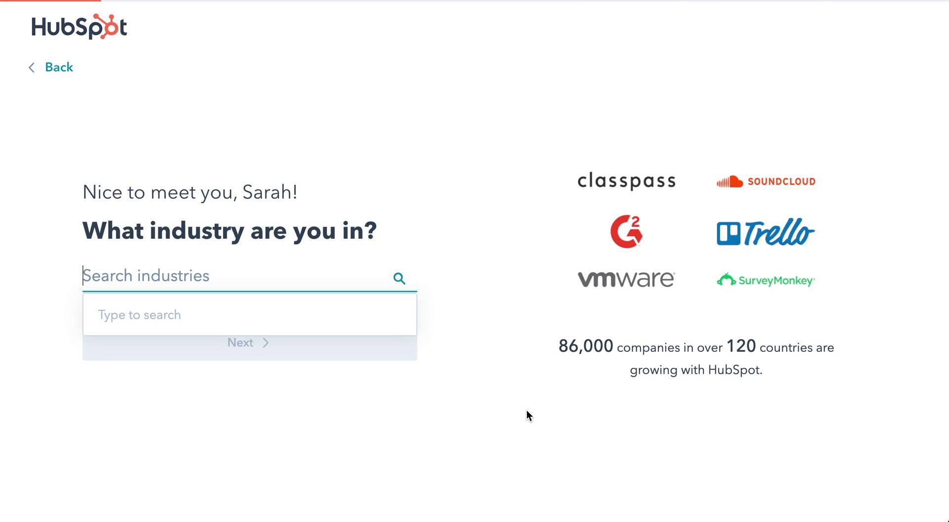 Screenshot of Select industry on Onboarding on HubSpot CRM user flow