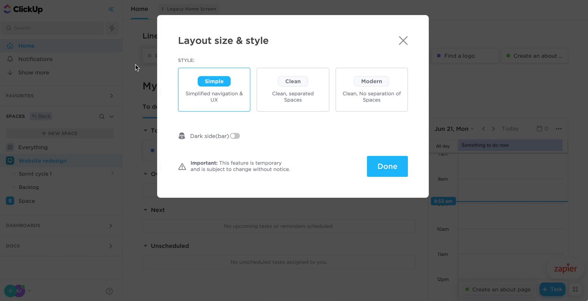 Screenshot of Select layout on General browsing on ClickUp user flow