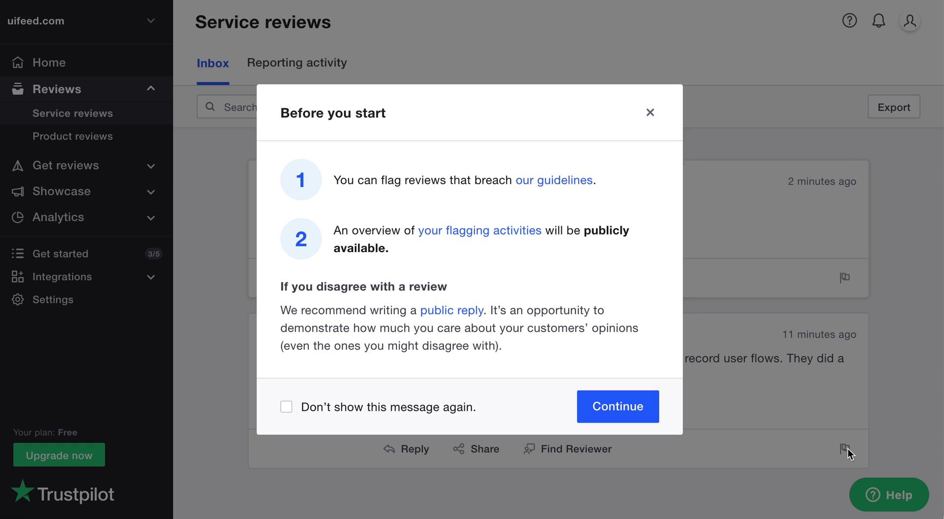 Managing feedback screenshot