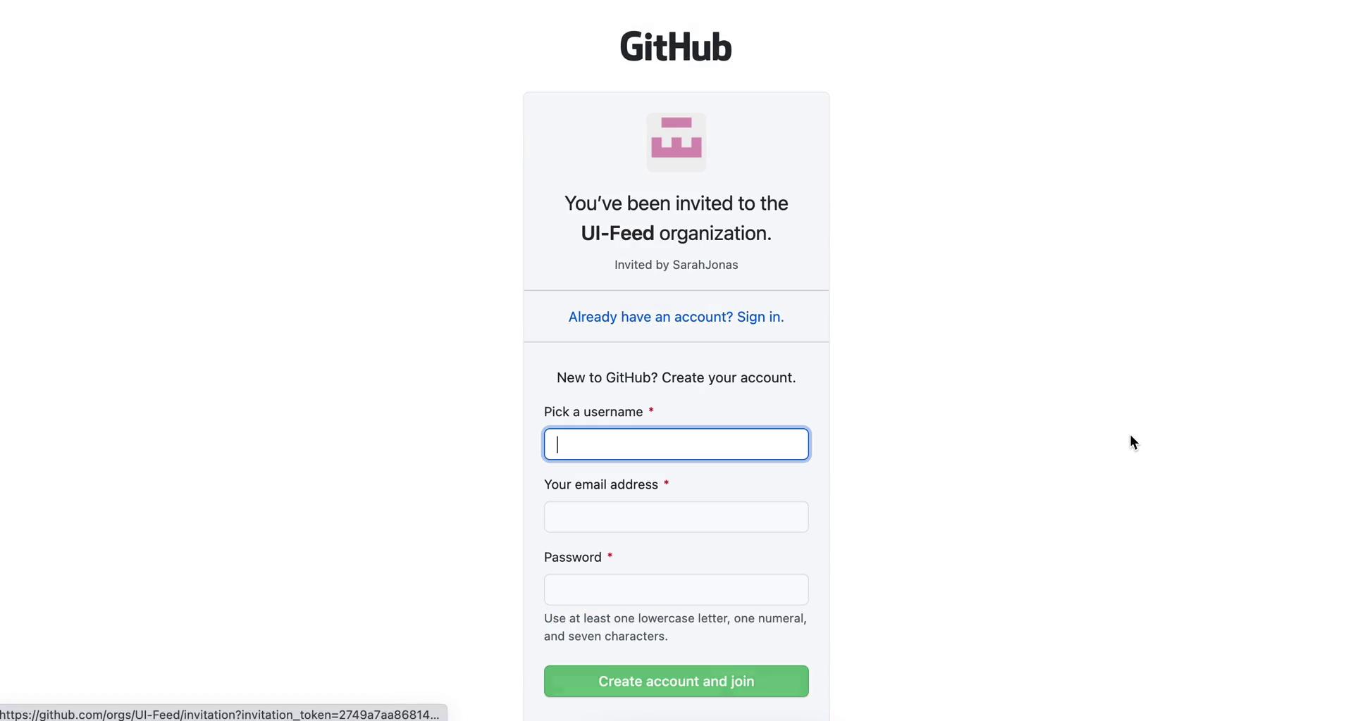 Screenshot of Sign up on Accepting an invite on GitHub user flow