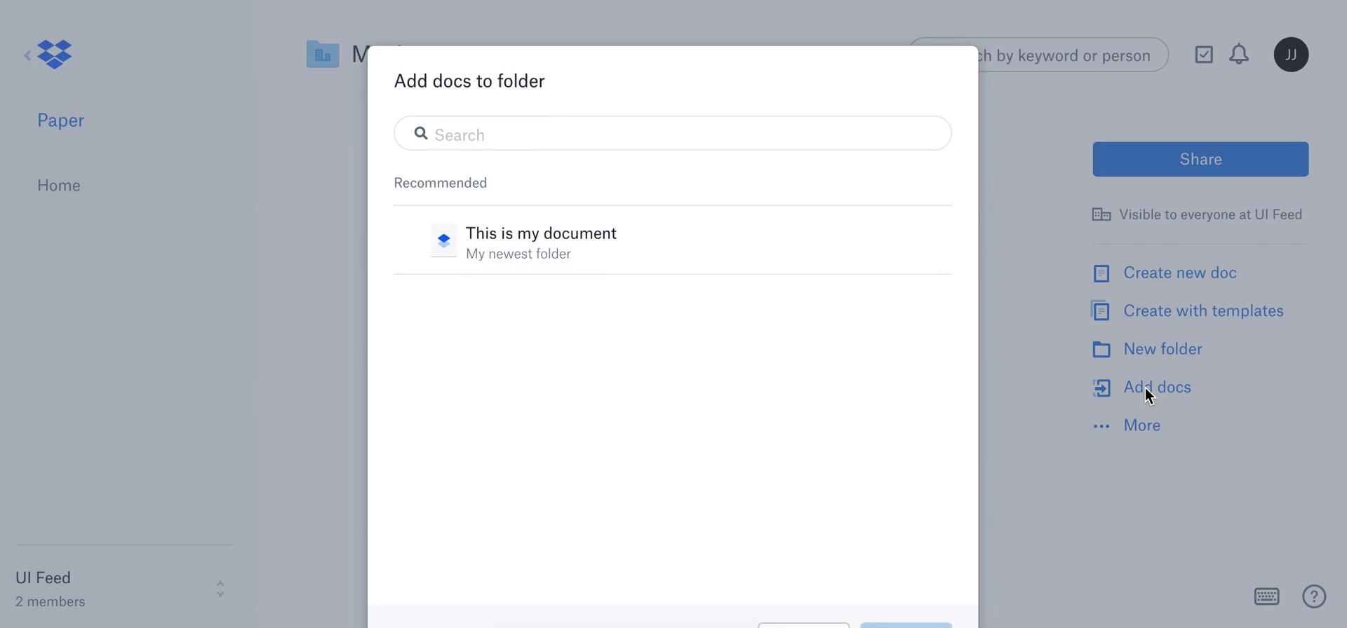 Screenshot of Add to folder on General browsing on Dropbox Paper user flow