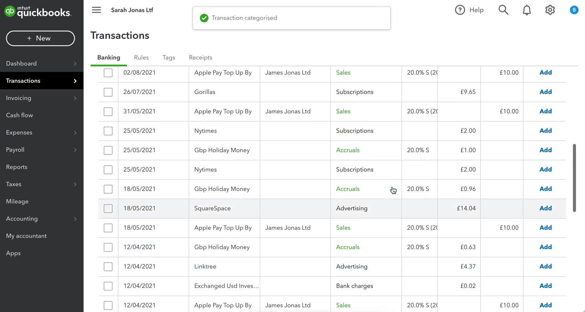 Categorizing transactions screenshot