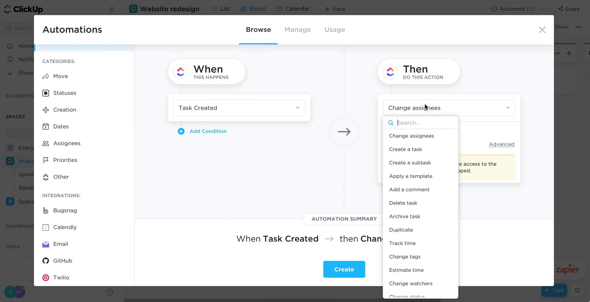 Creating an automation workflow screenshot