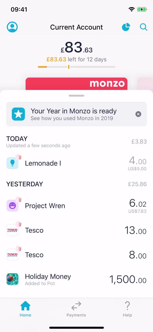 Screenshot of Home on Searching on Monzo user flow