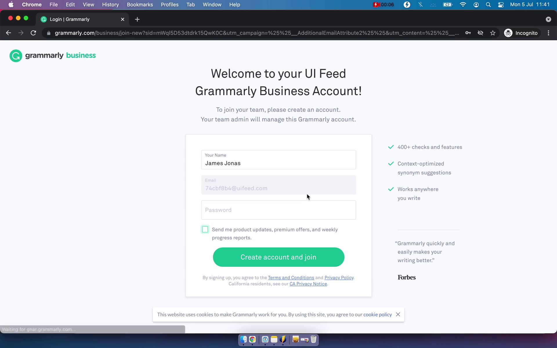 Screenshot of Sign up on Accepting an invite on Grammarly user flow