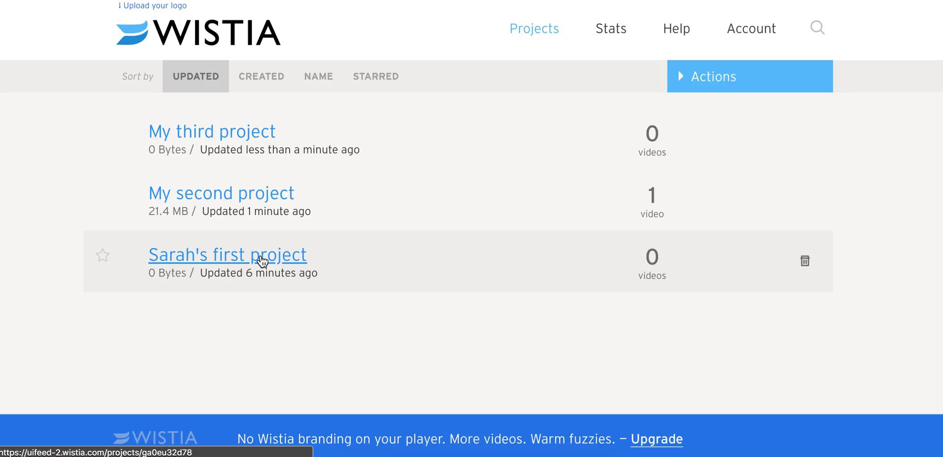 Screenshot of Projects on Uploading media on Wistia user flow