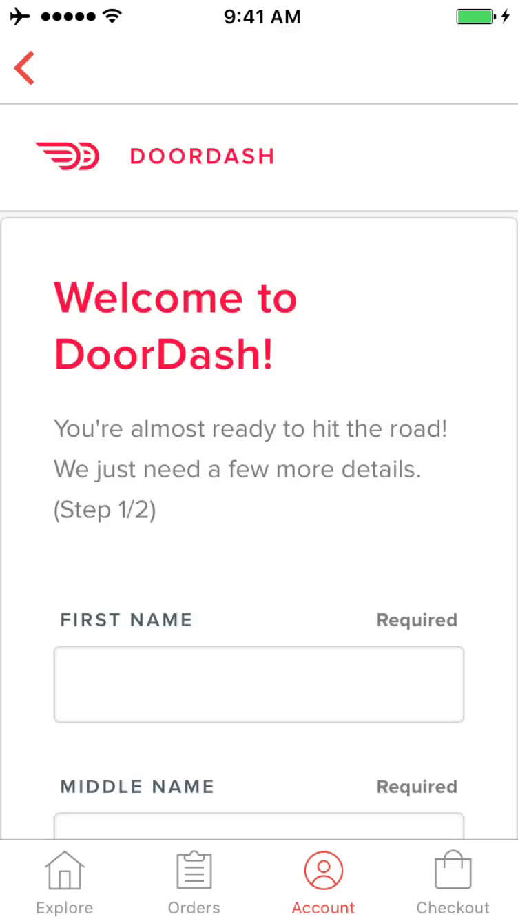 Screenshot of on Driver signup on DoorDash user flow