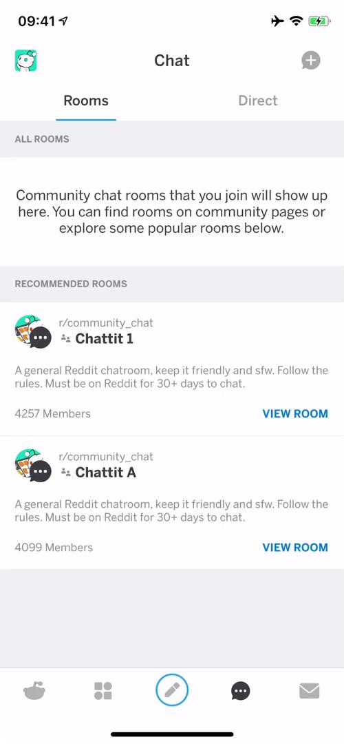 Screenshot of Chat rooms on Chat on Reddit user flow