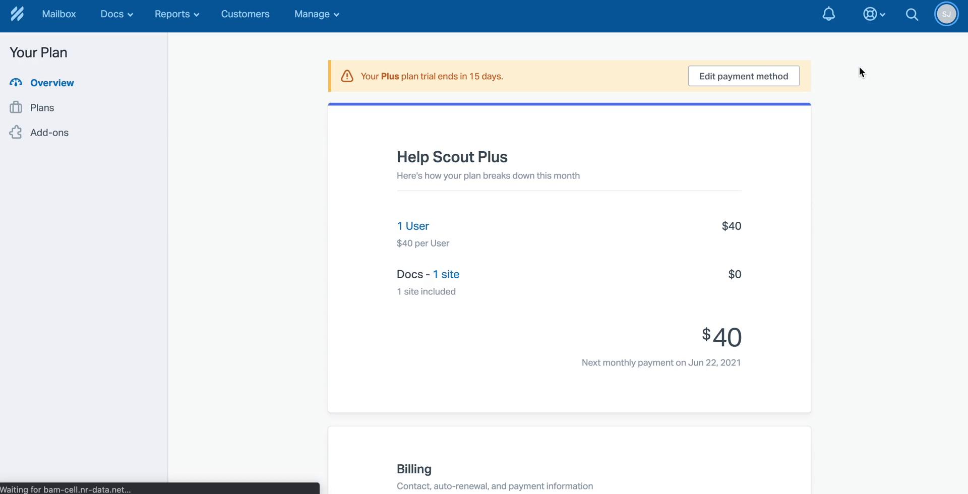 Screenshot of Account on Cancelling your subscription on Help Scout user flow