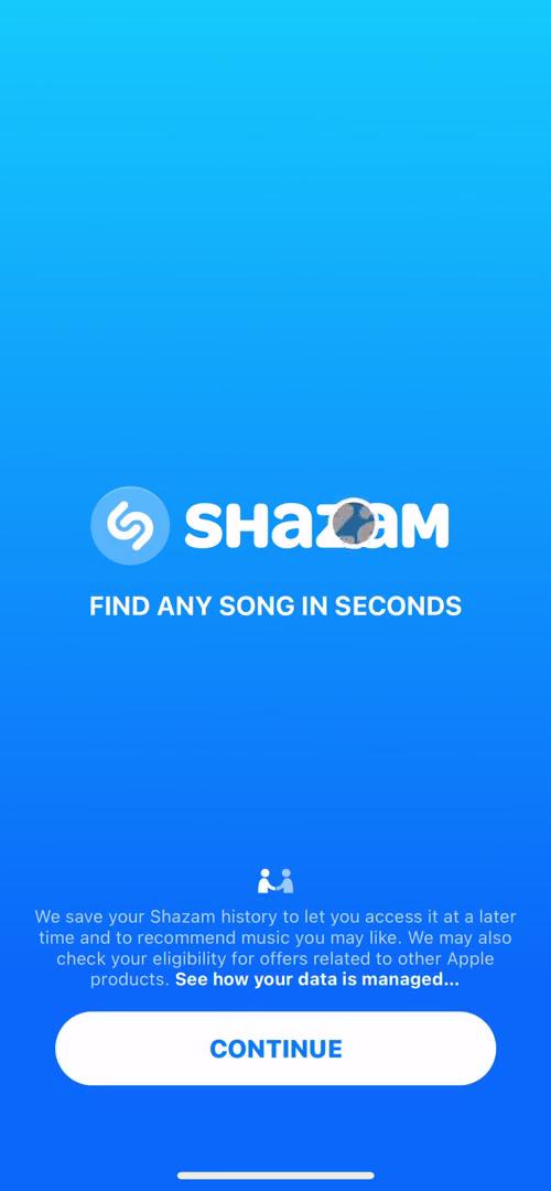Screenshot of Start screen on Onboarding on Shazam user flow