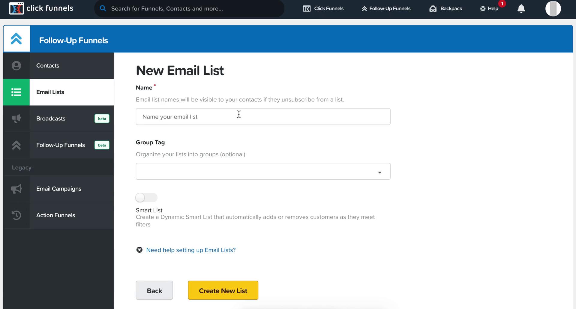 Creating an email list screenshot