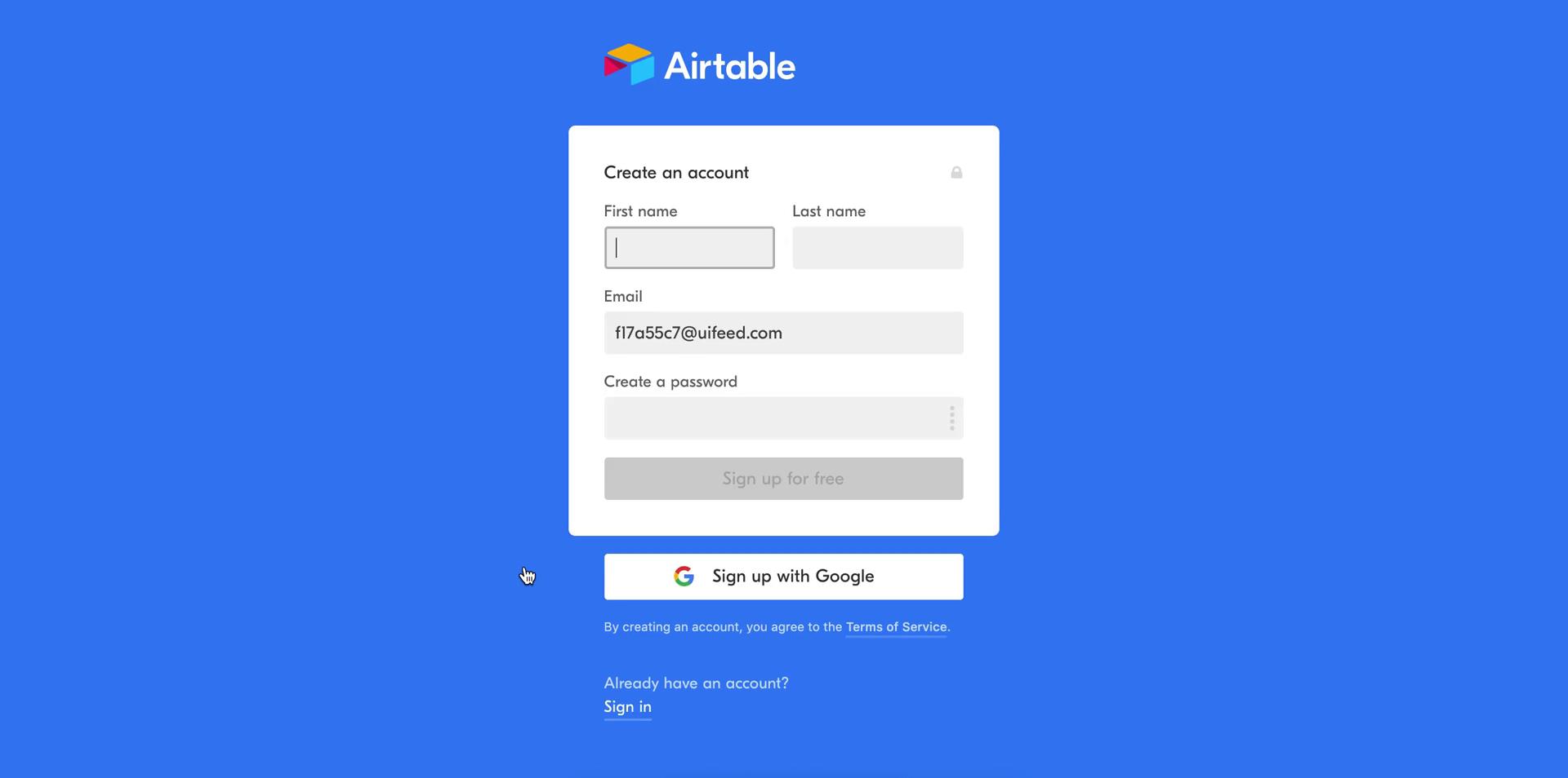 Airtable sign up screenshot
