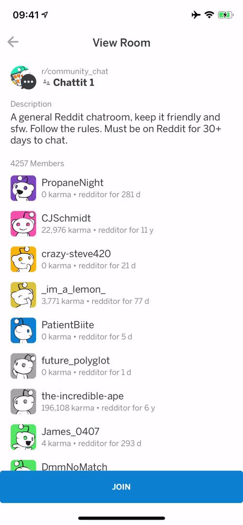 Screenshot of Chat room on Chat on Reddit user flow