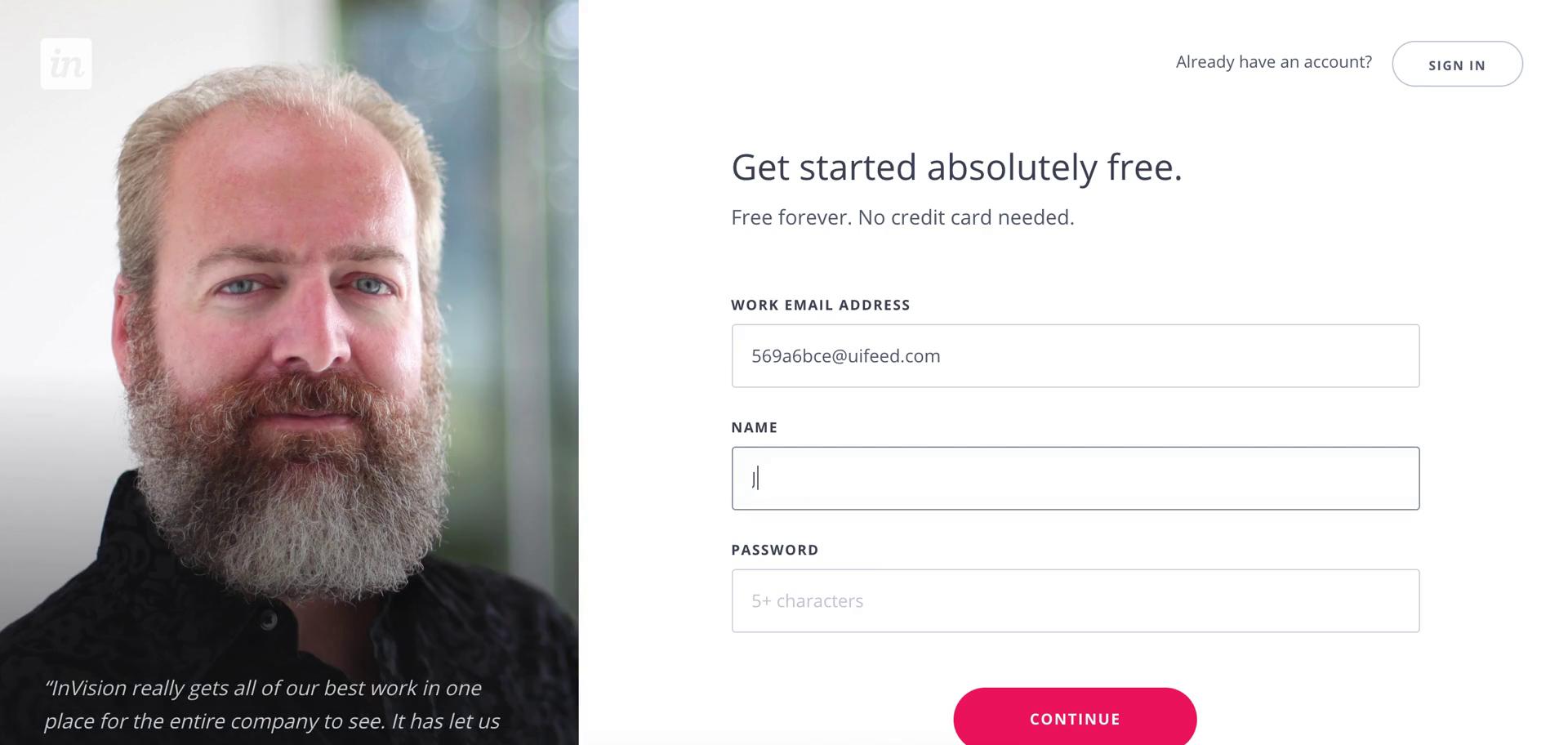 Screenshot of Sign up on Onboarding on InVision user flow