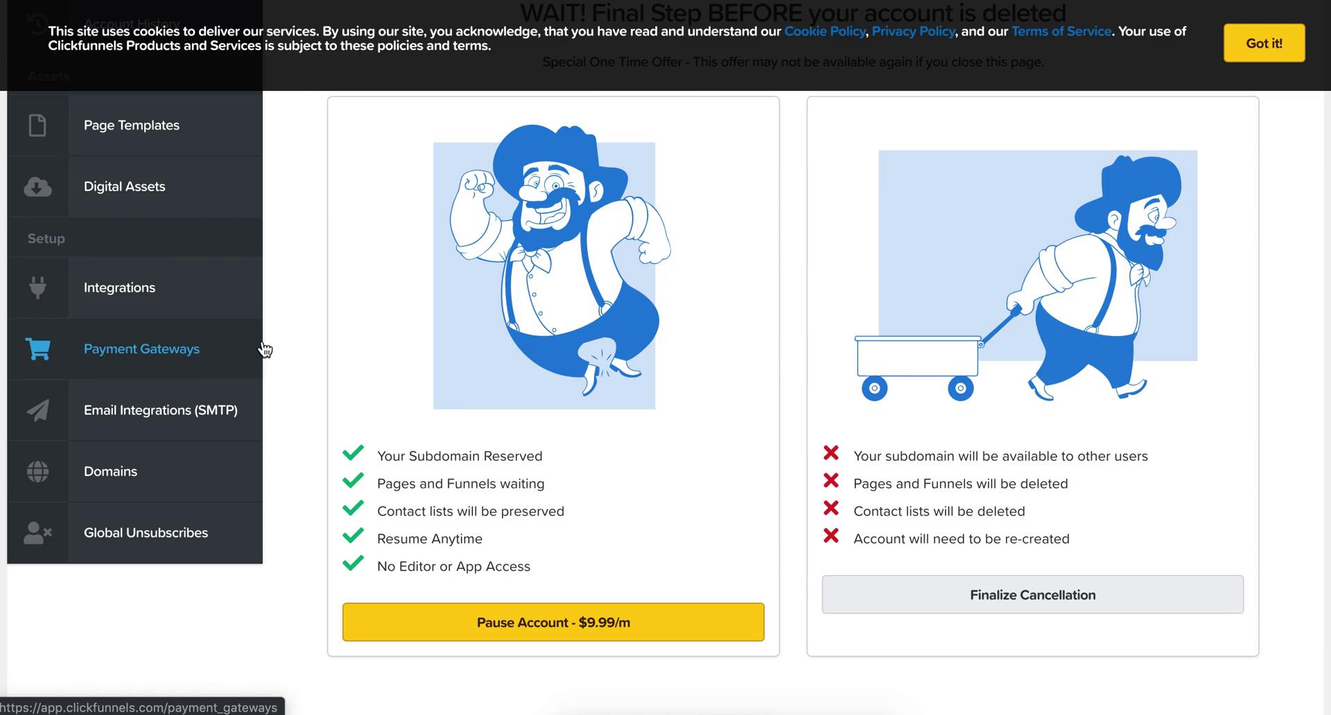 Downgrading your account screenshot