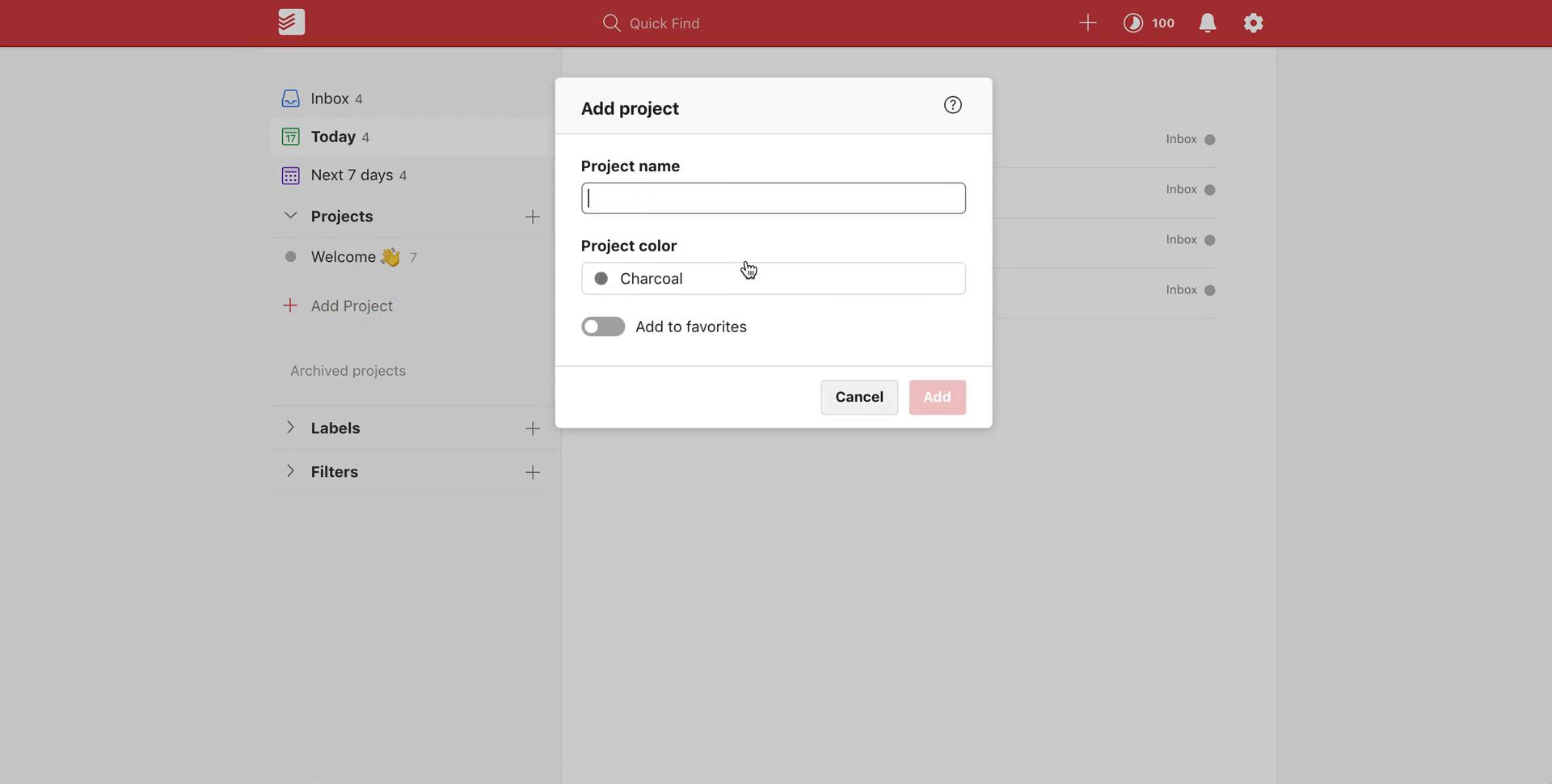Screenshot of Create project on Creating a project on Todoist user flow