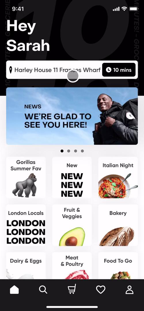 Screenshot of Home on Buying something on Gorillas user flow