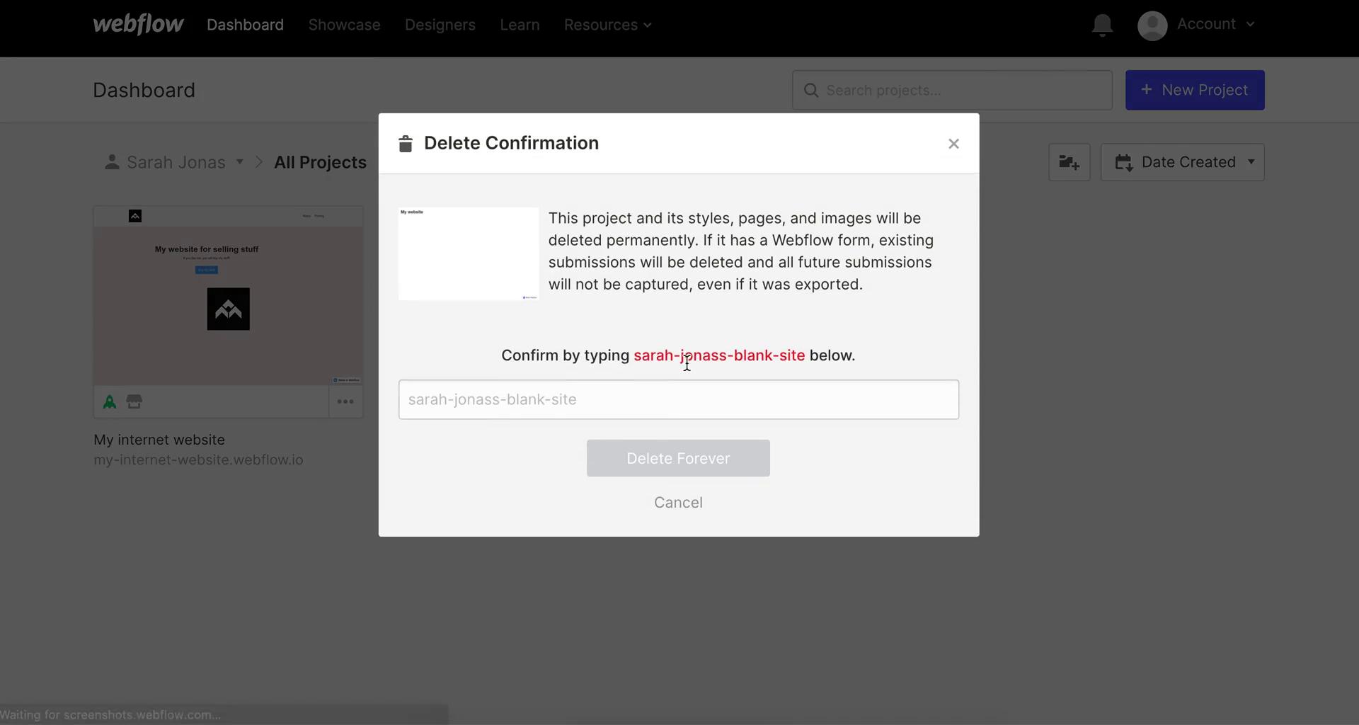 Screenshot of Confirm delete on Deleting a project on Webflow user flow
