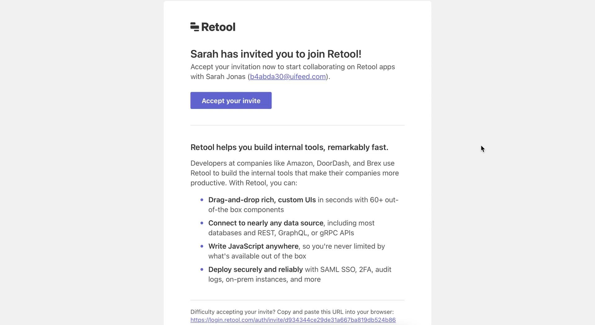 Screenshot of Invite email on Accepting an invite on Retool user flow