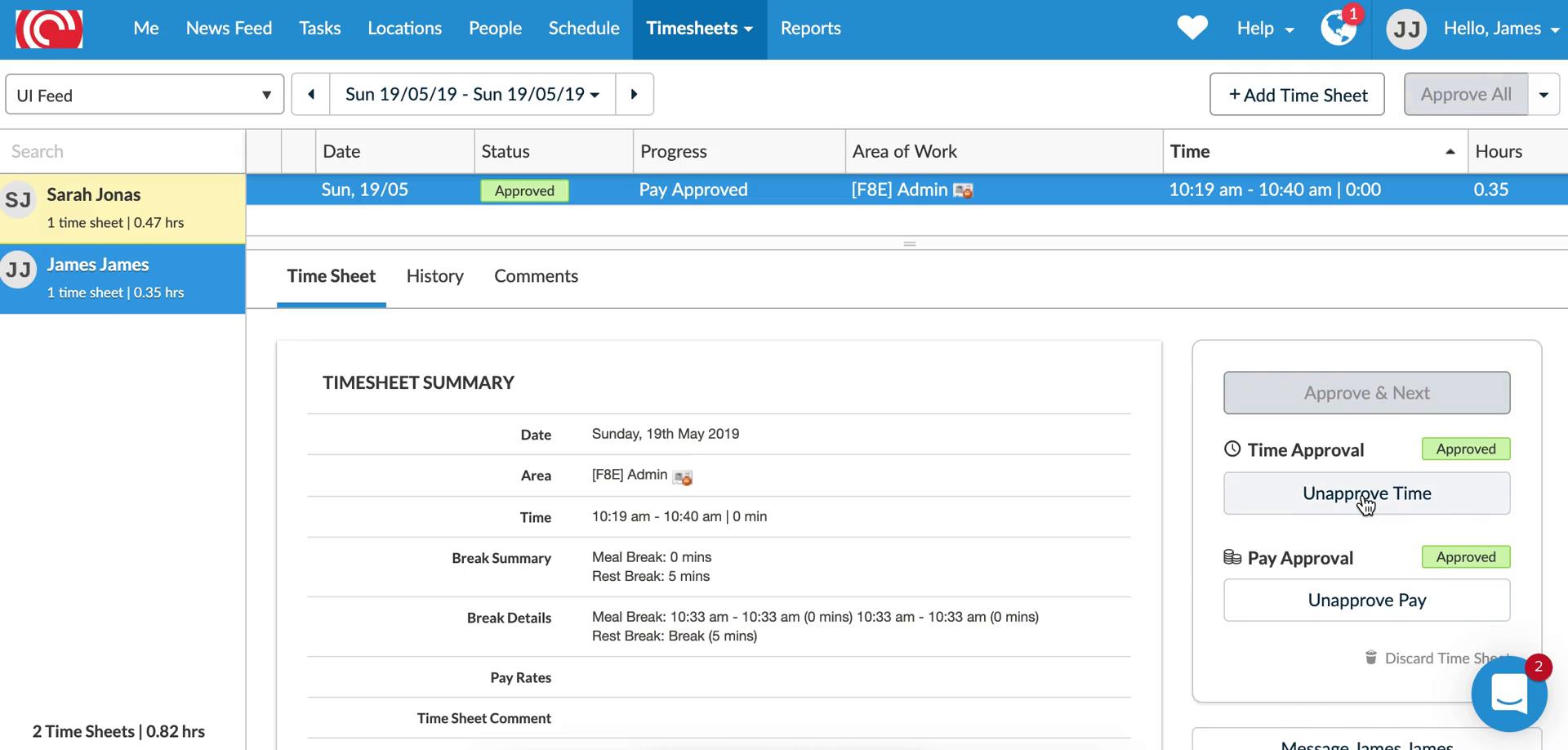 Screenshot of Approved timesheet on Approving time sheets on Deputy user flow