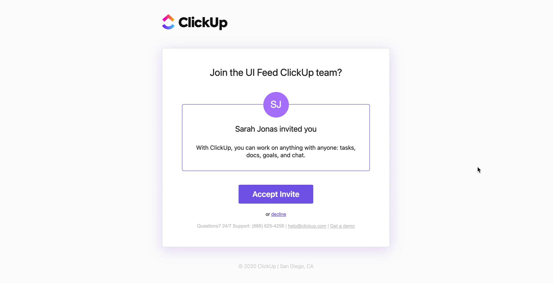 Screenshot of Invite email on Accepting an invite on ClickUp user flow