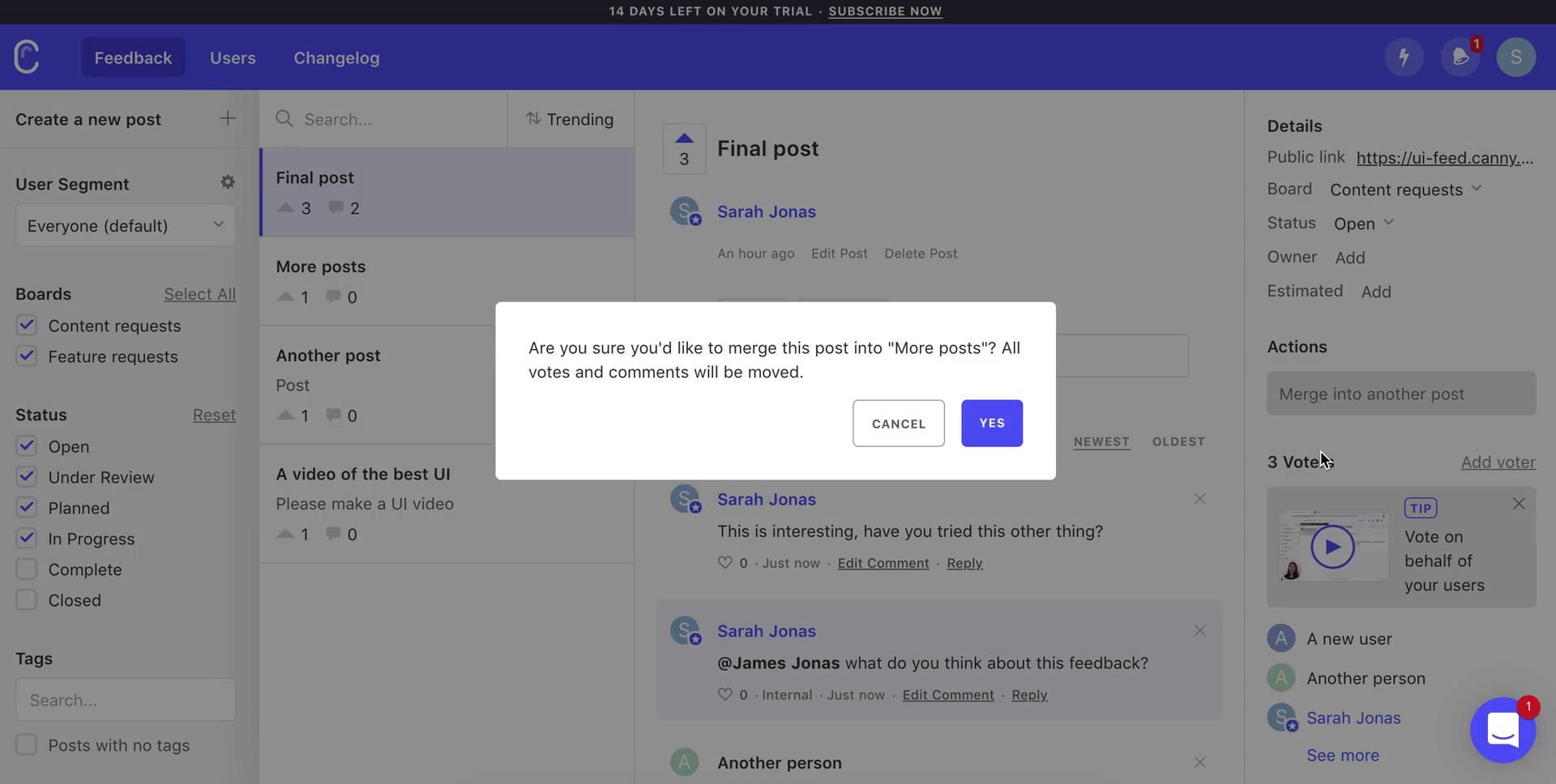 Managing feedback screenshot