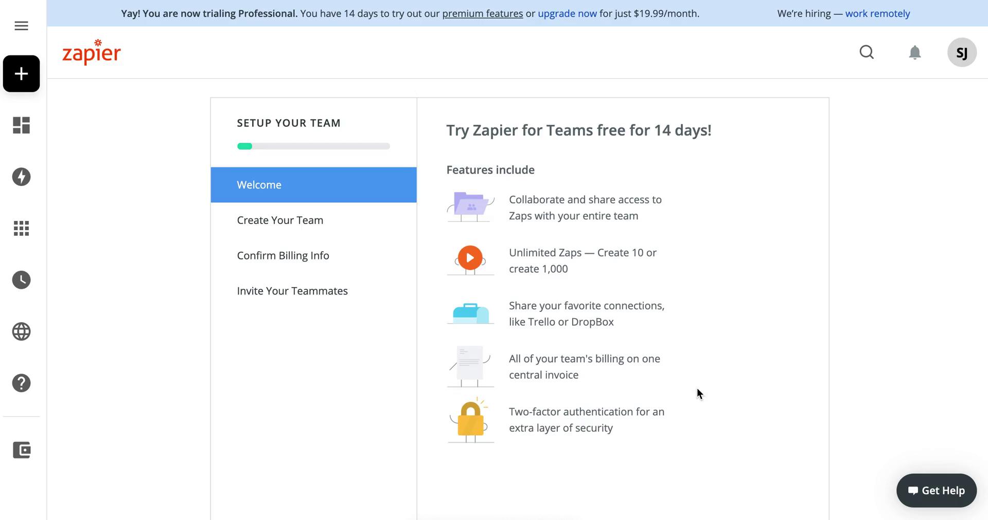 Screenshot of Welcome to teams on Upgrading your account on Zapier user flow