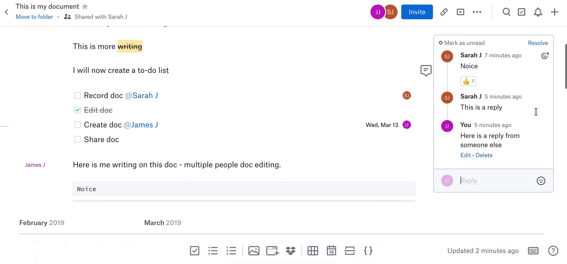 Screenshot of Comments on Commenting on Dropbox Paper user flow