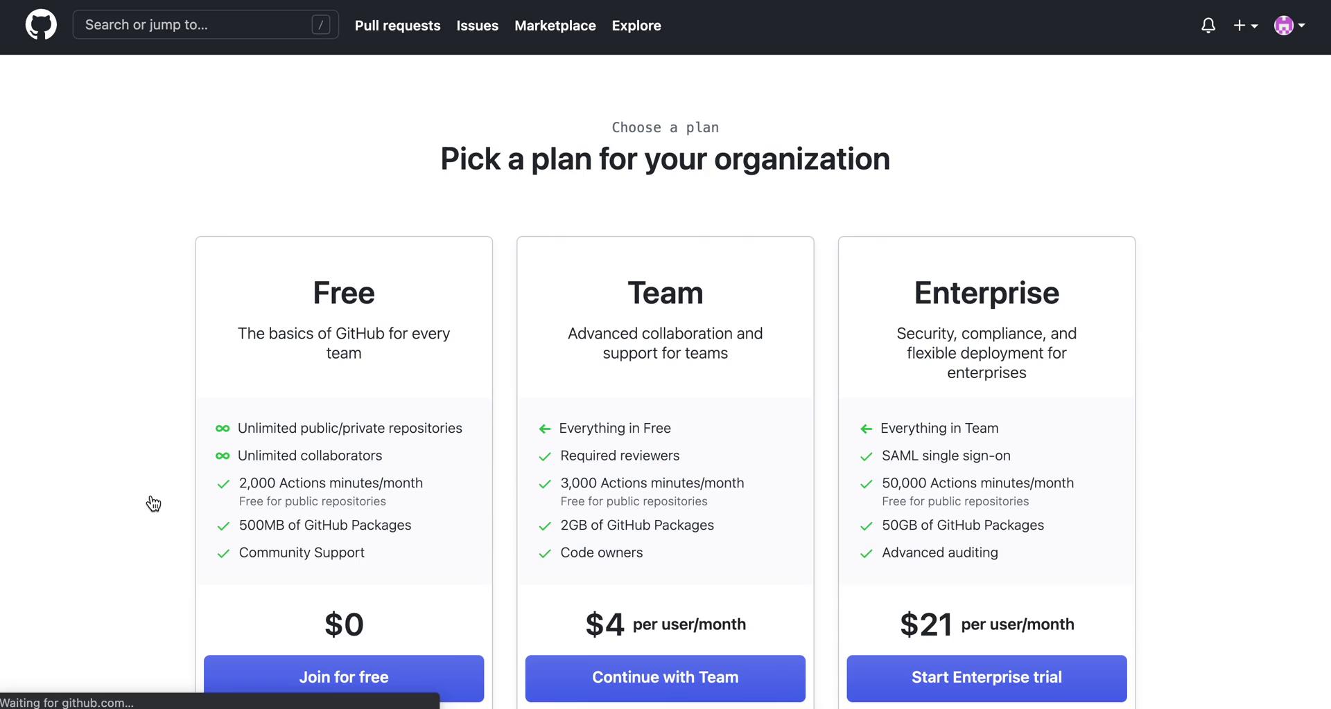 Screenshot of Select plan on Creating a team on GitHub user flow