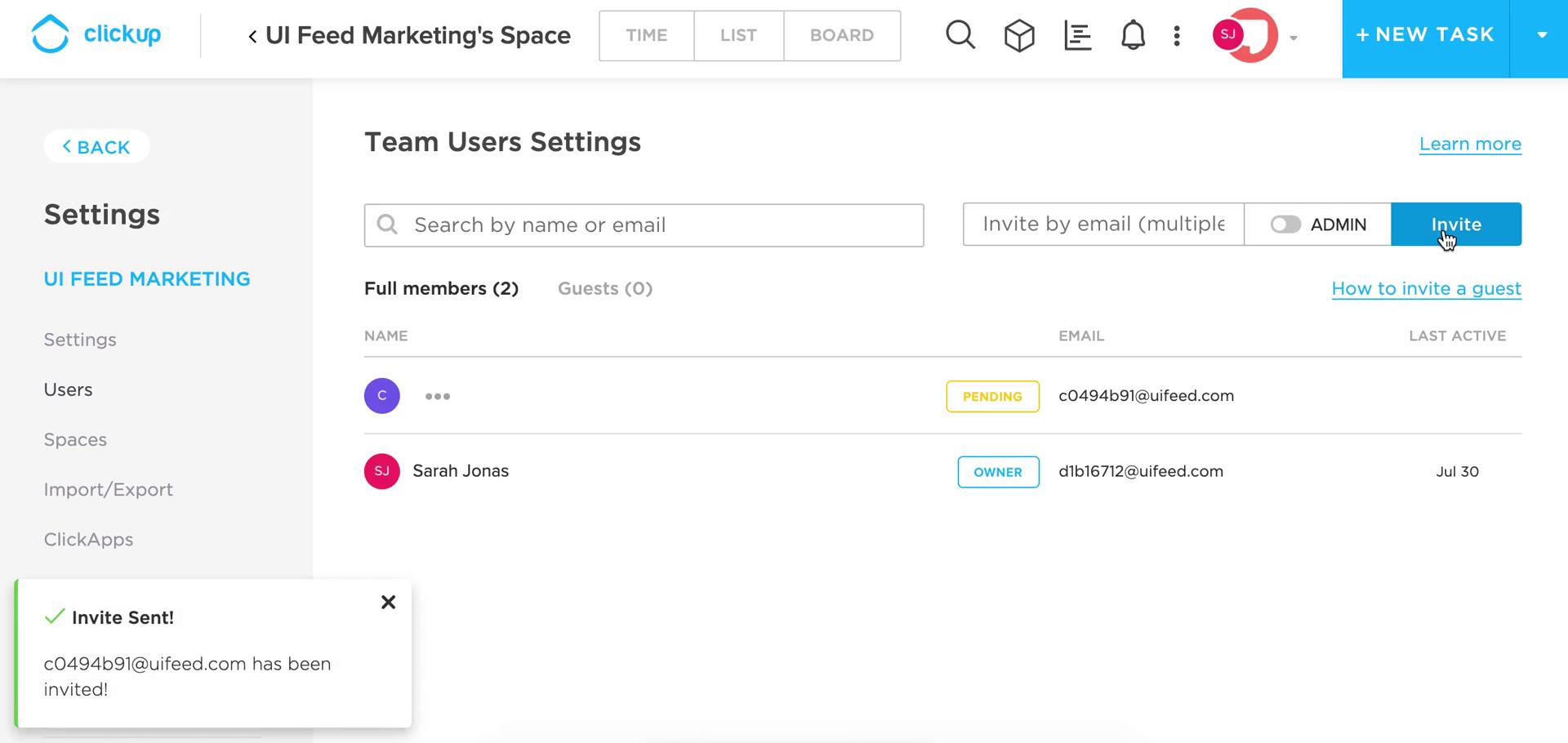 Screenshot of Invites sent on Inviting people on ClickUp user flow