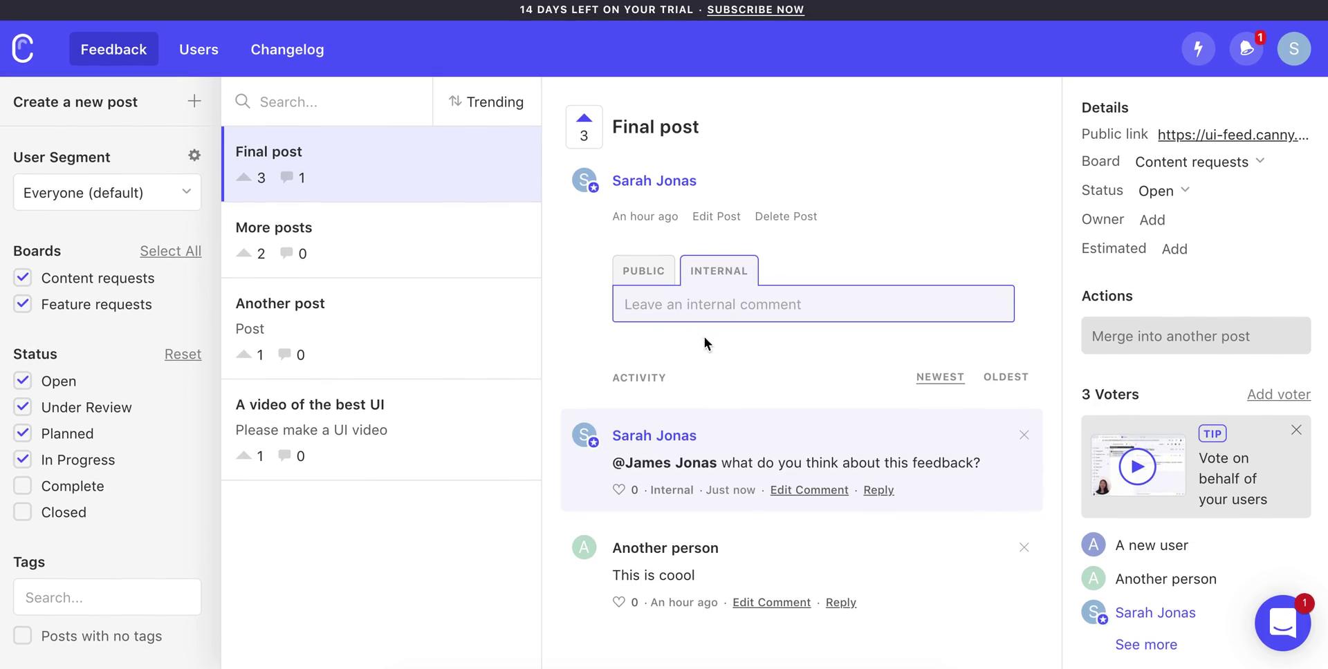 Managing feedback screenshot