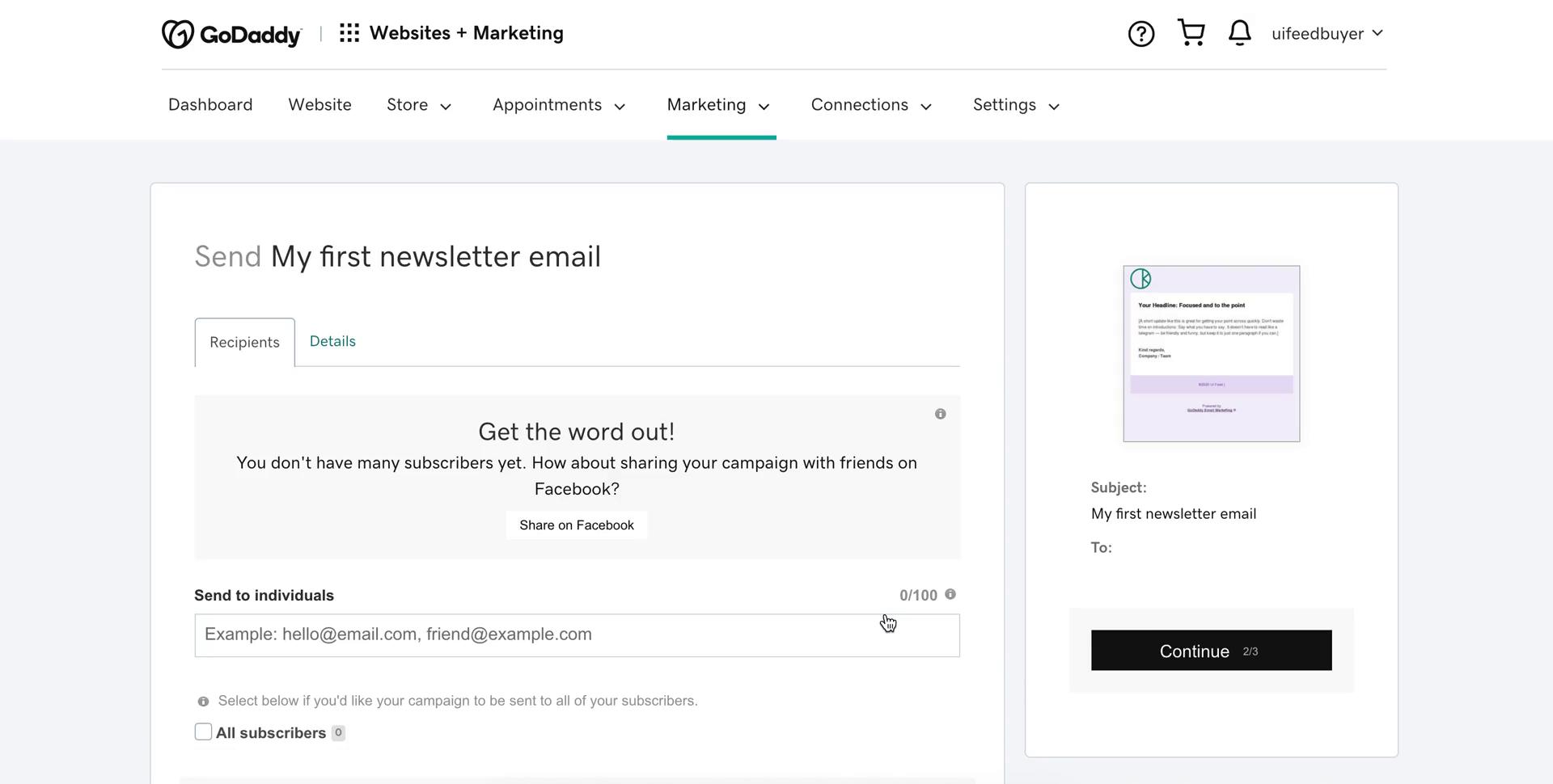 Creating an email campaign screenshot