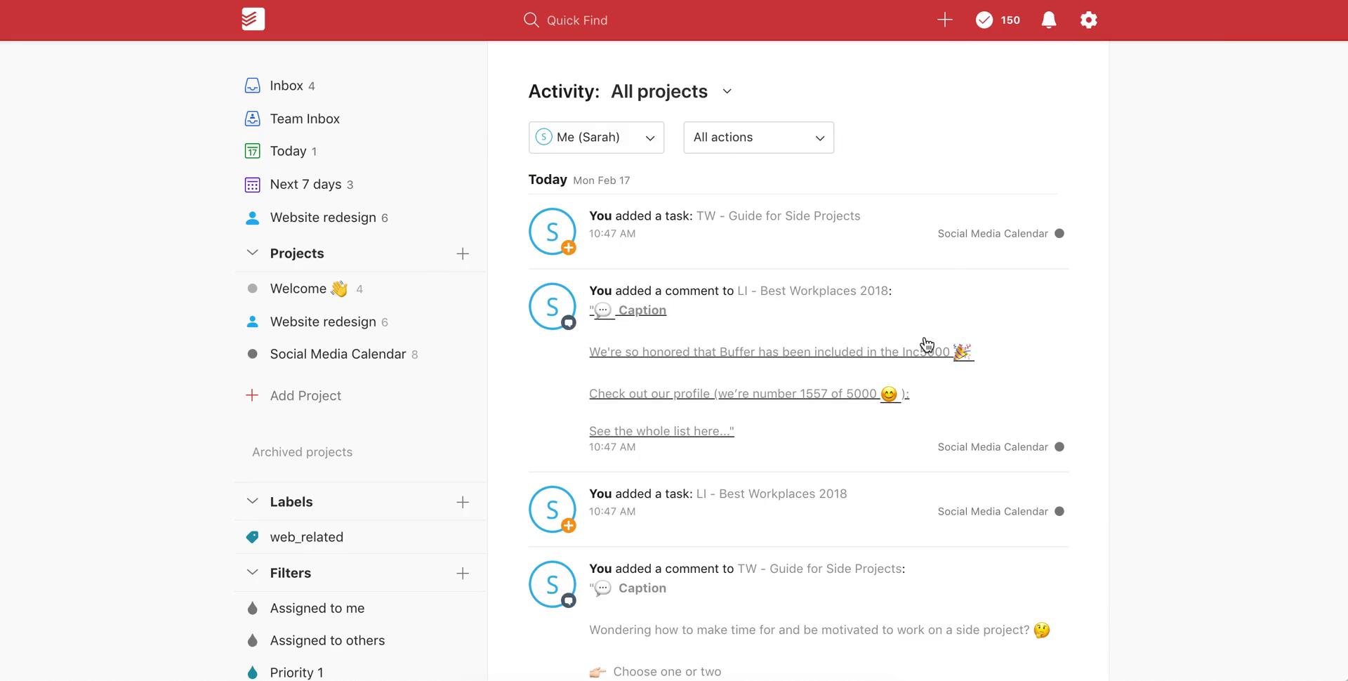 Screenshot of Activity feed on Activity feed on Todoist user flow