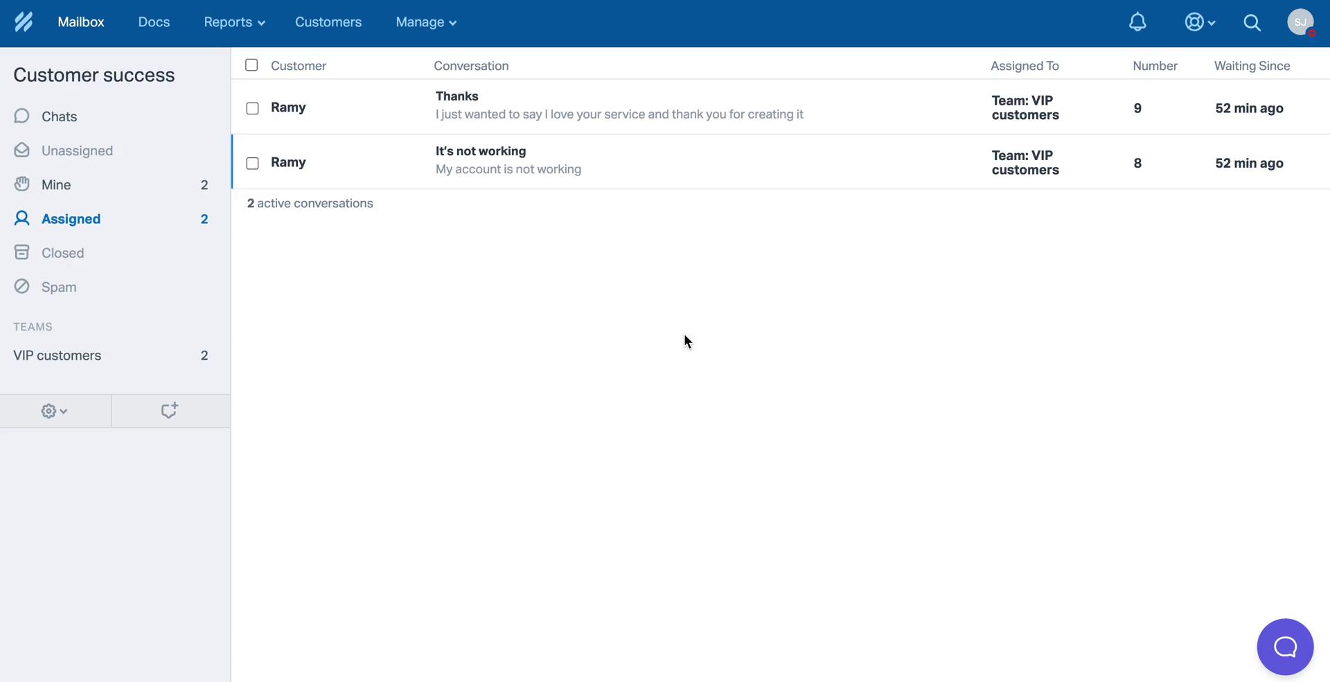 Screenshot of Inbox on Managing support on Help Scout user flow