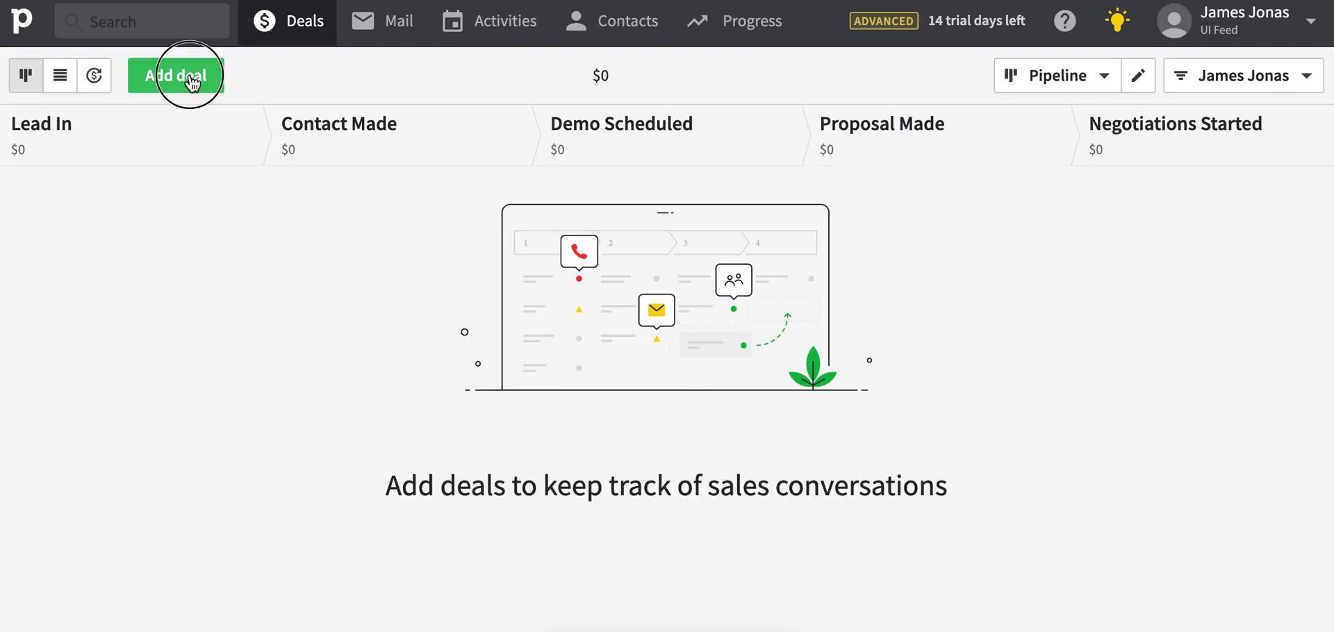 Screenshot of Deals on Adding a deal on Pipedrive user flow