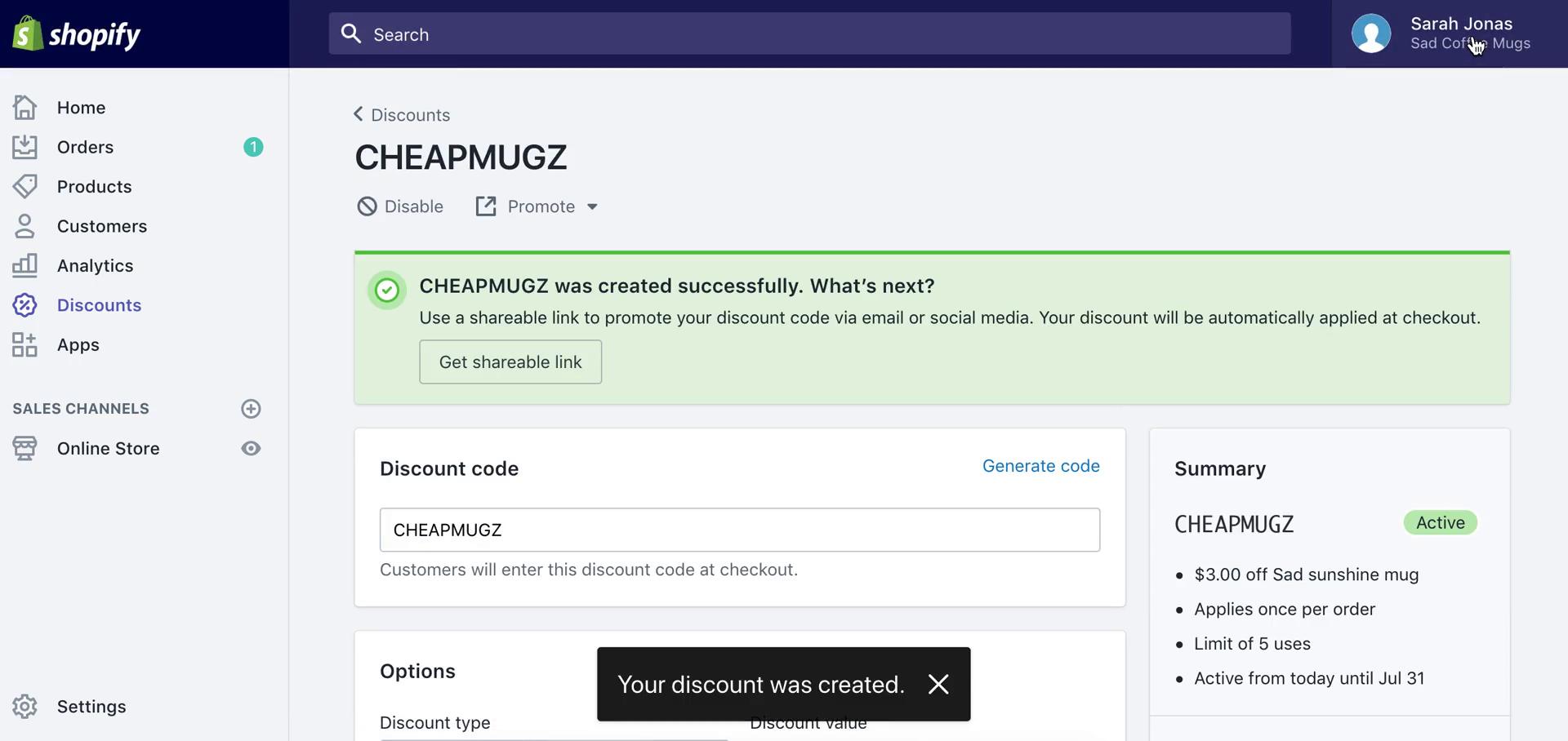 Creating a discount code screenshot