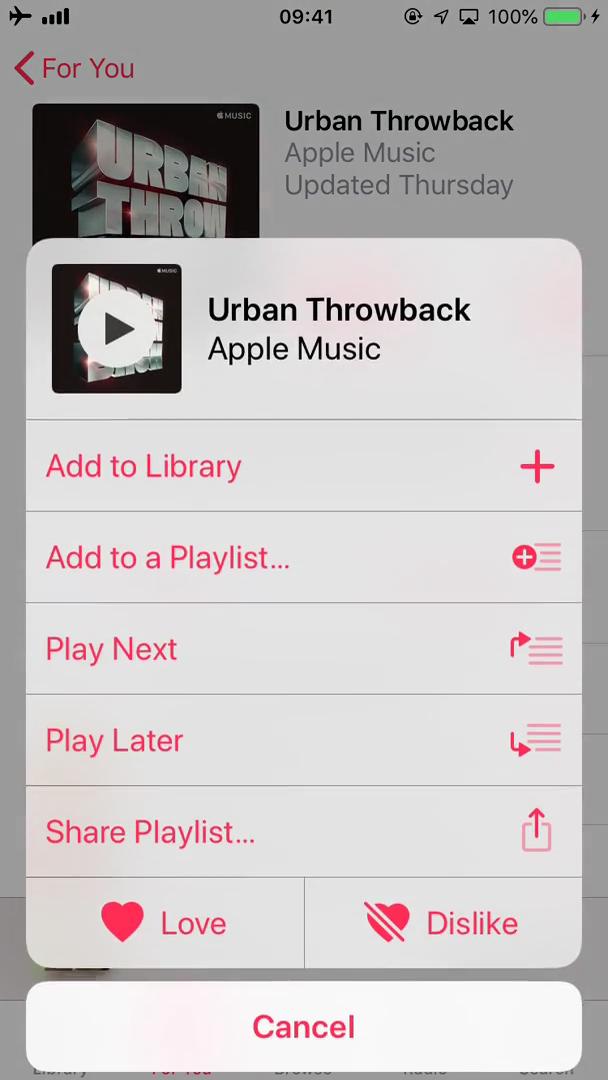Apple Music action menu screenshot