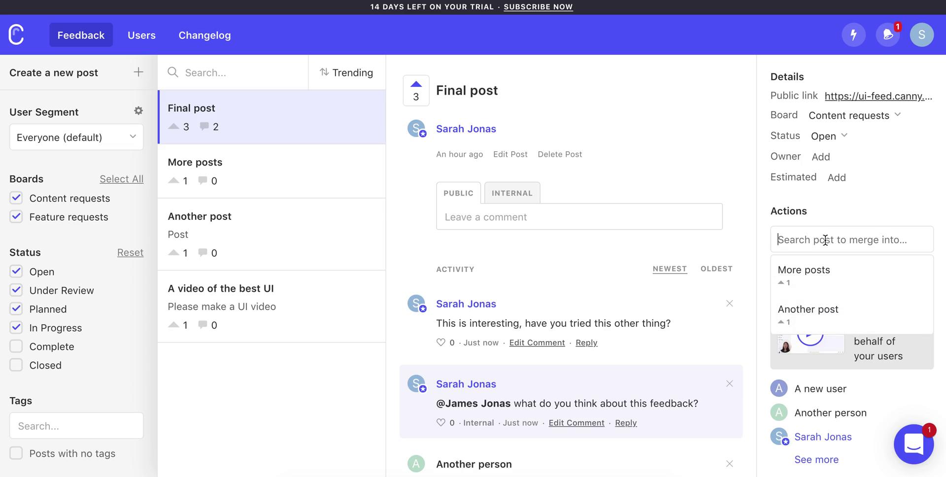 Managing feedback screenshot