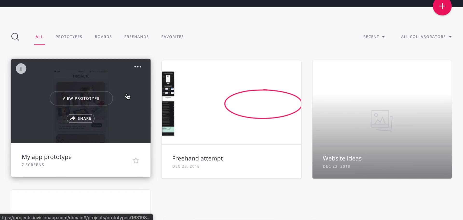 Screenshot of Projects on Managing files on InVision user flow