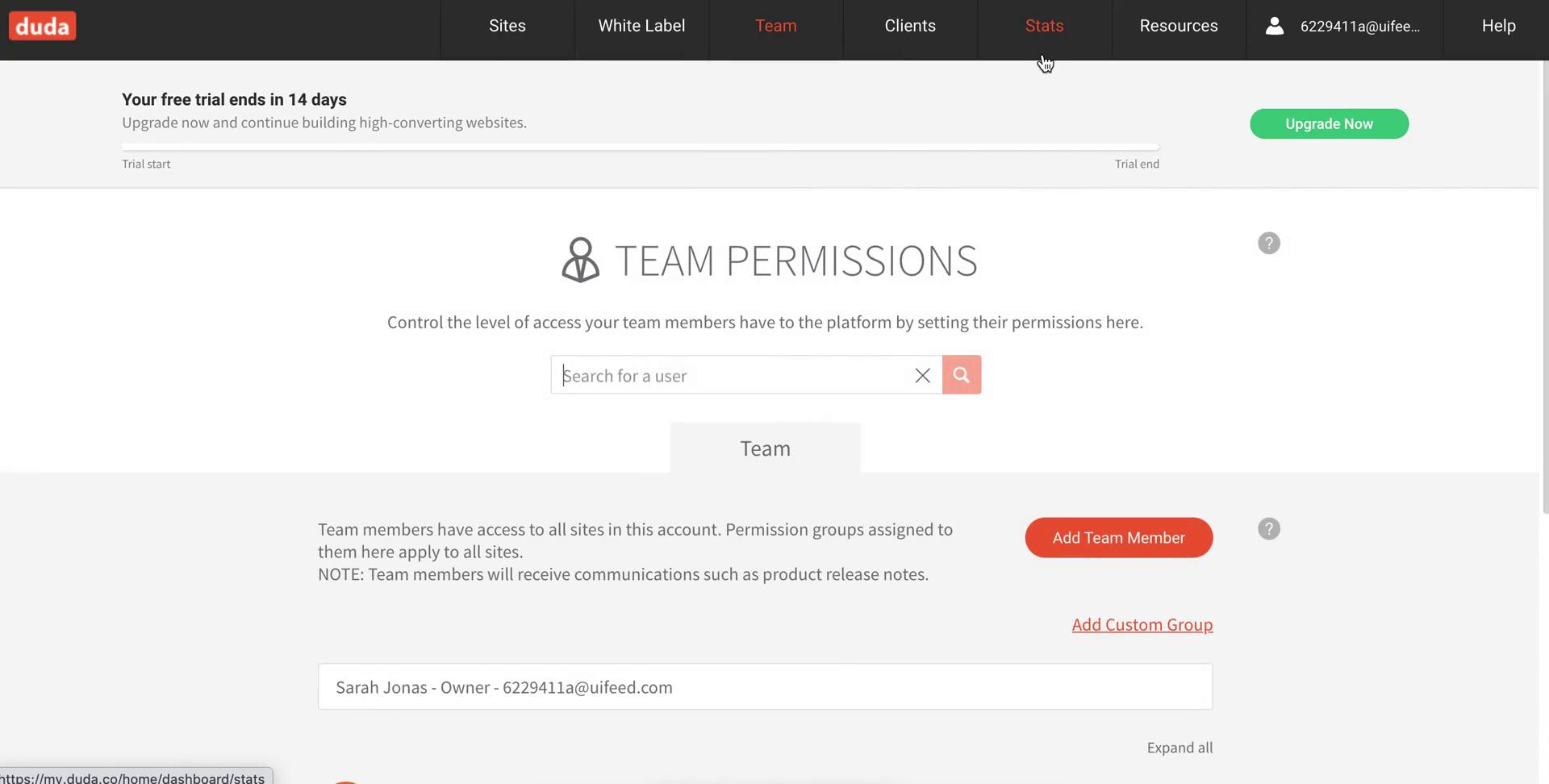 Screenshot of Team permissions on Inviting people on Duda user flow