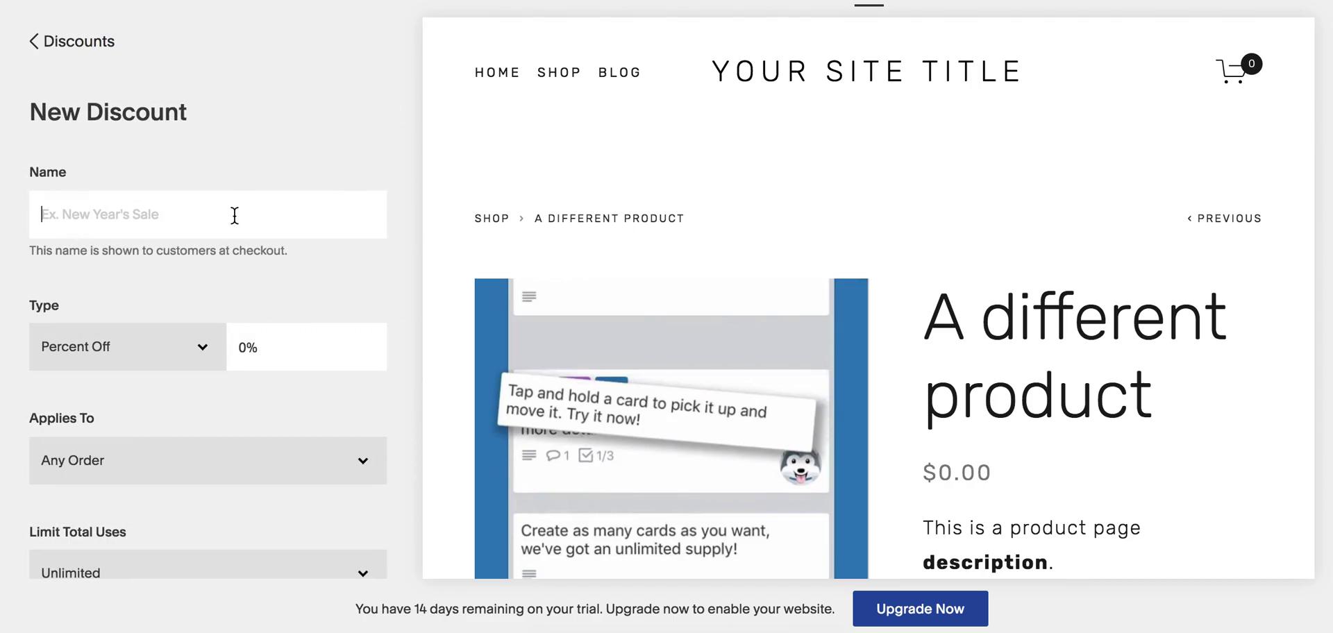 Screenshot of Create discount code on Creating a discount code on Squarespace user flow