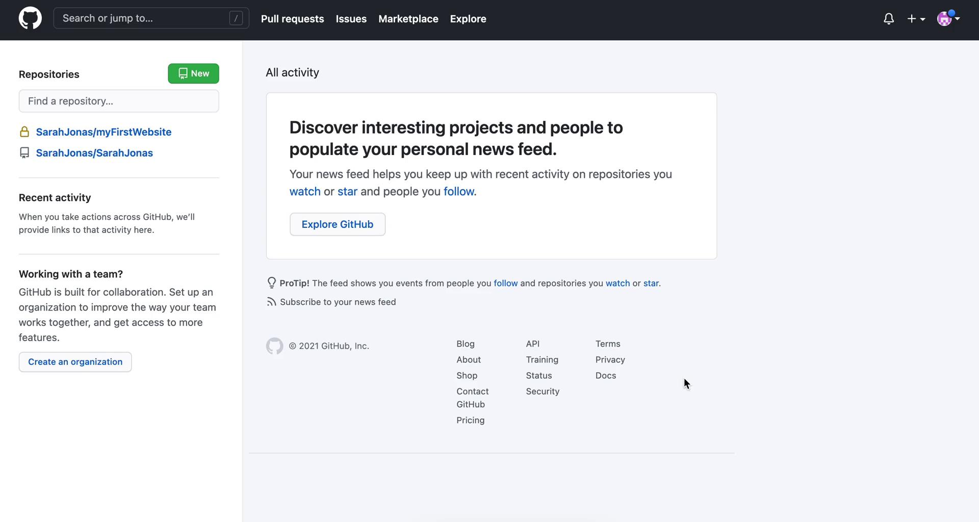 Screenshot of Home on Creating a team on GitHub user flow