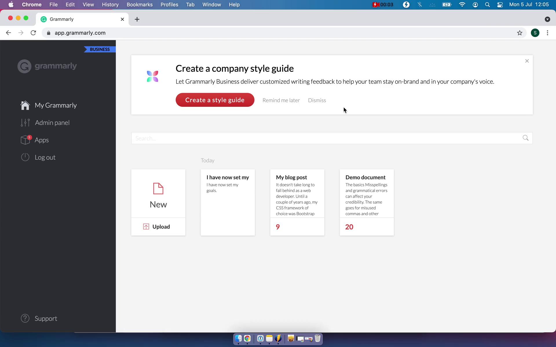 Screenshot of Dashboard on General browsing on Grammarly user flow